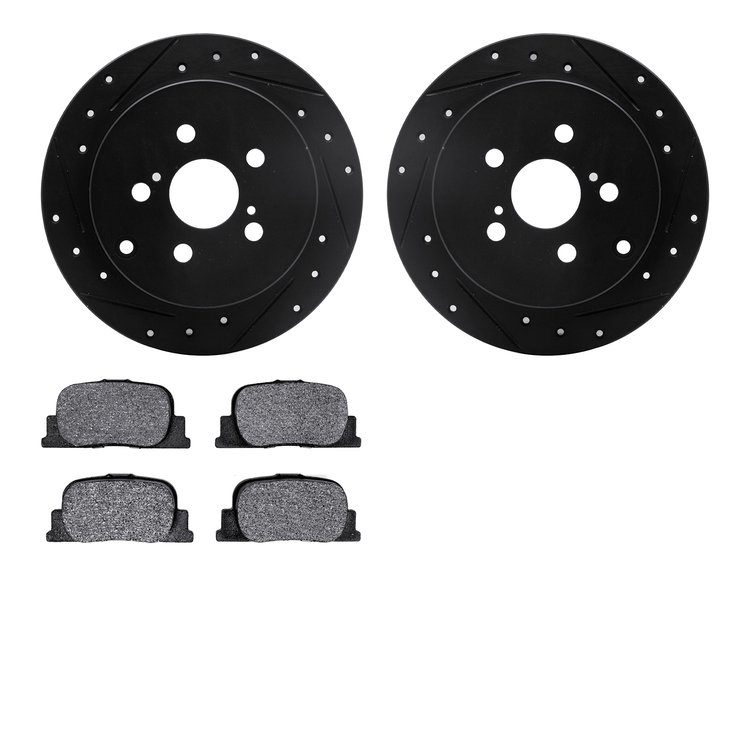 8502-76063 Drilled/Slotted Brake Rotors w/5000 Advanced Brake Pads Kit [Black], 2005-2010 Lexus/Toyota/Scion, Position: Rear