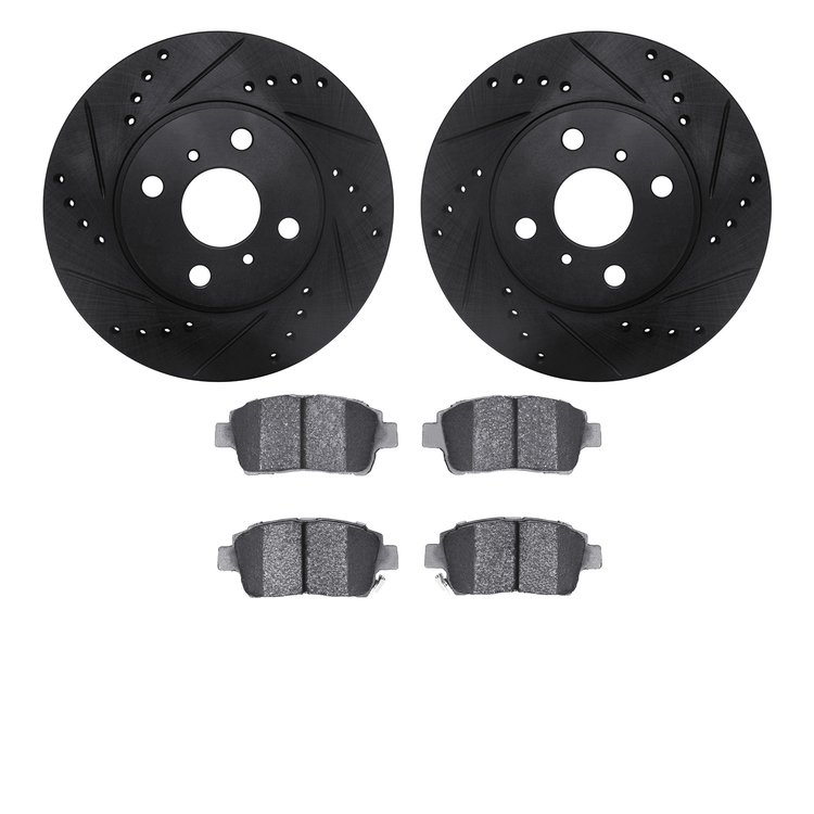 8502-76067 Drilled/Slotted Brake Rotors w/5000 Advanced Brake Pads Kit [Black], 2000-2005 Lexus/Toyota/Scion, Position: Front