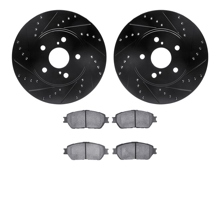 8502-76071 Drilled/Slotted Brake Rotors w/5000 Advanced Brake Pads Kit [Black], 2002-2006 Lexus/Toyota/Scion, Position: Front