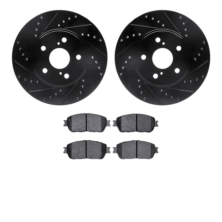 8502-76072 Drilled/Slotted Brake Rotors w/5000 Advanced Brake Pads Kit [Black], 2004-2010 Lexus/Toyota/Scion, Position: Front