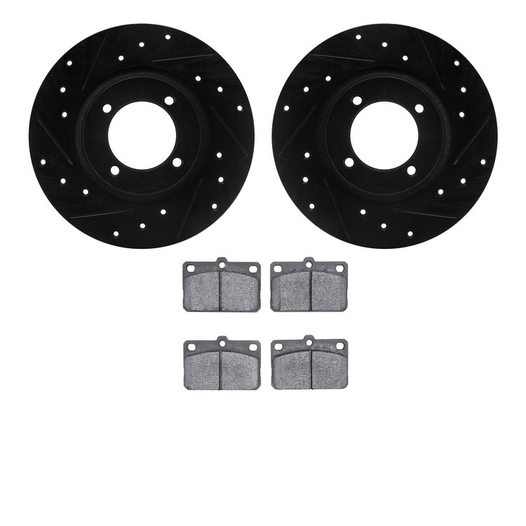 8502-76099 Drilled/Slotted Brake Rotors w/5000 Advanced Brake Pads Kit [Black], 1975-1979 Lexus/Toyota/Scion, Position: Front