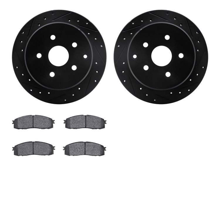 8502-76111 Drilled/Slotted Brake Rotors w/5000 Advanced Brake Pads Kit [Black], 1986-1992 Lexus/Toyota/Scion, Position: Rear