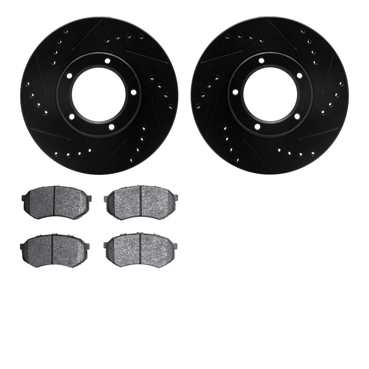 8502-76117 Drilled/Slotted Brake Rotors w/5000 Advanced Brake Pads Kit [Black], 1989-1995 Lexus/Toyota/Scion, Position: Front