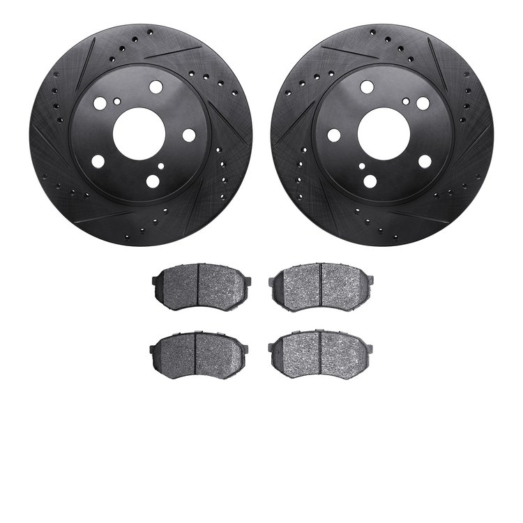 8502-76124 Drilled/Slotted Brake Rotors w/5000 Advanced Brake Pads Kit [Black], 1989-1992 Lexus/Toyota/Scion, Position: Front