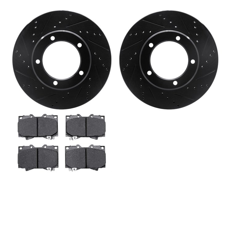 8502-76127 Drilled/Slotted Brake Rotors w/5000 Advanced Brake Pads Kit [Black], 1998-2007 Lexus/Toyota/Scion, Position: Front