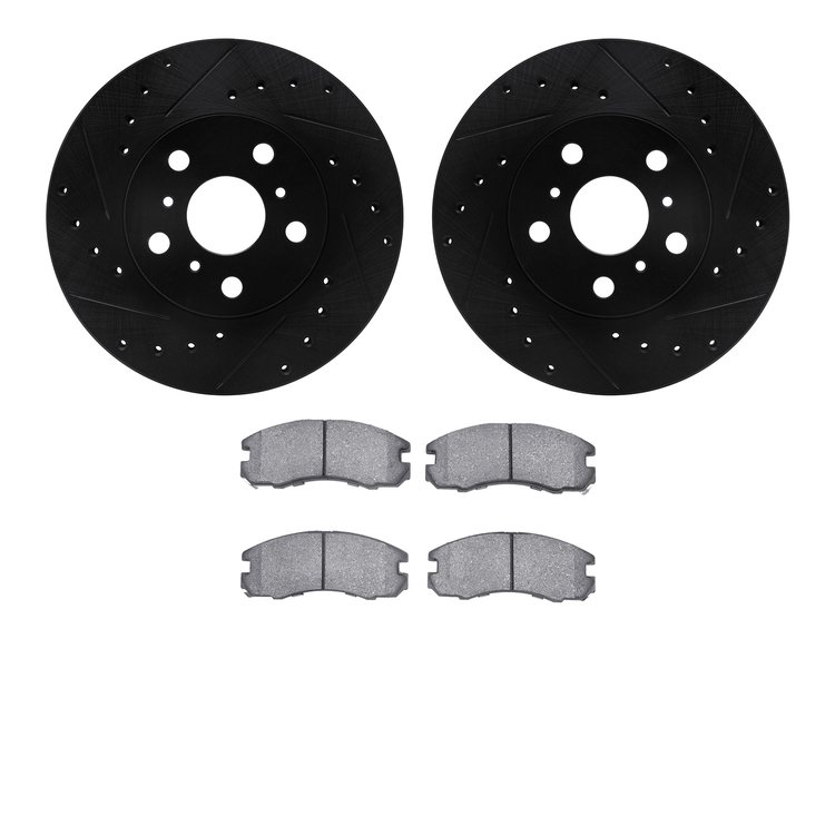 8502-76128 Drilled/Slotted Brake Rotors w/5000 Advanced Brake Pads Kit [Black], 1988-1989 Lexus/Toyota/Scion, Position: Front