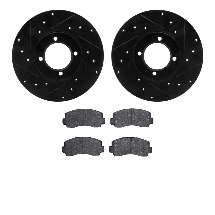 8502-76130 Drilled/Slotted Brake Rotors w/5000 Advanced Brake Pads Kit [Black], 1976-1981 Lexus/Toyota/Scion, Position: Front