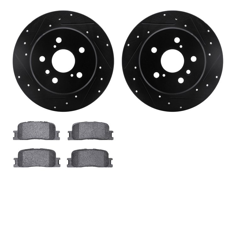 8502-76133 Drilled/Slotted Brake Rotors w/5000 Advanced Brake Pads Kit [Black], 2001-2003 Lexus/Toyota/Scion, Position: Rear
