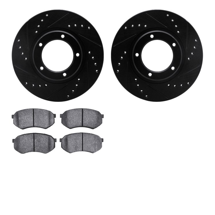 8502-76141 Drilled/Slotted Brake Rotors w/5000 Advanced Brake Pads Kit [Black], 1995-2004 Lexus/Toyota/Scion, Position: Front
