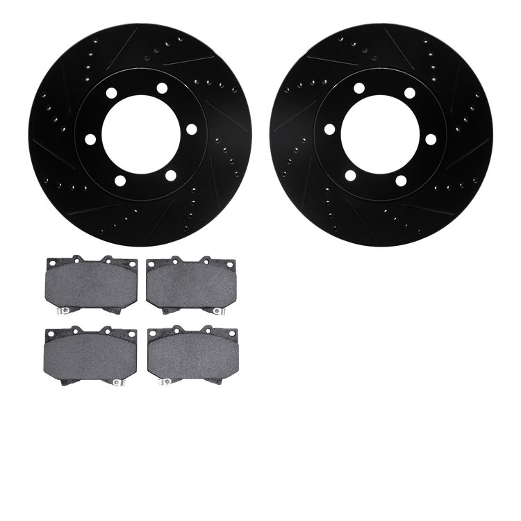 8502-76150 Drilled/Slotted Brake Rotors w/5000 Advanced Brake Pads Kit [Black], 2000-2002 Lexus/Toyota/Scion, Position: Front