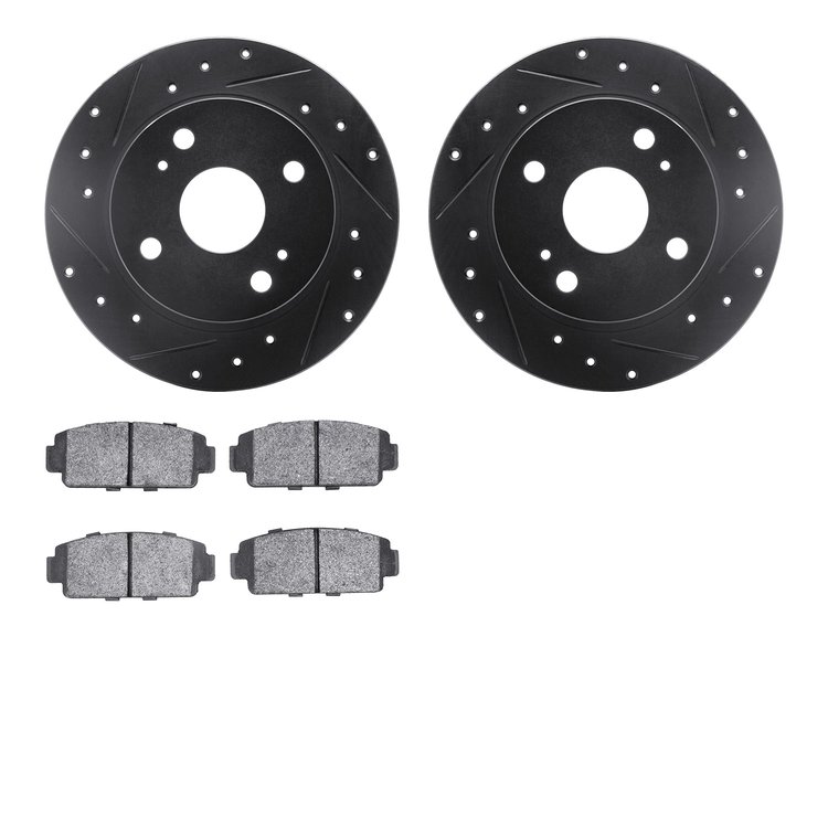 8502-76156 Drilled/Slotted Brake Rotors w/5000 Advanced Brake Pads Kit [Black], 1979-1981 Lexus/Toyota/Scion, Position: Rear
