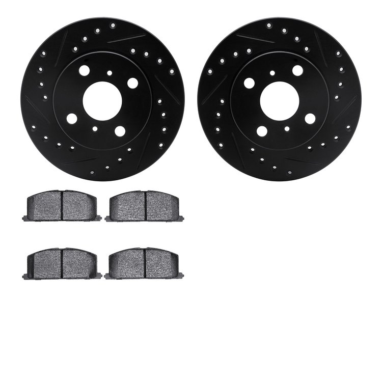 8502-76157 Drilled/Slotted Brake Rotors w/5000 Advanced Brake Pads Kit [Black], 1991-1994 Lexus/Toyota/Scion, Position: Front