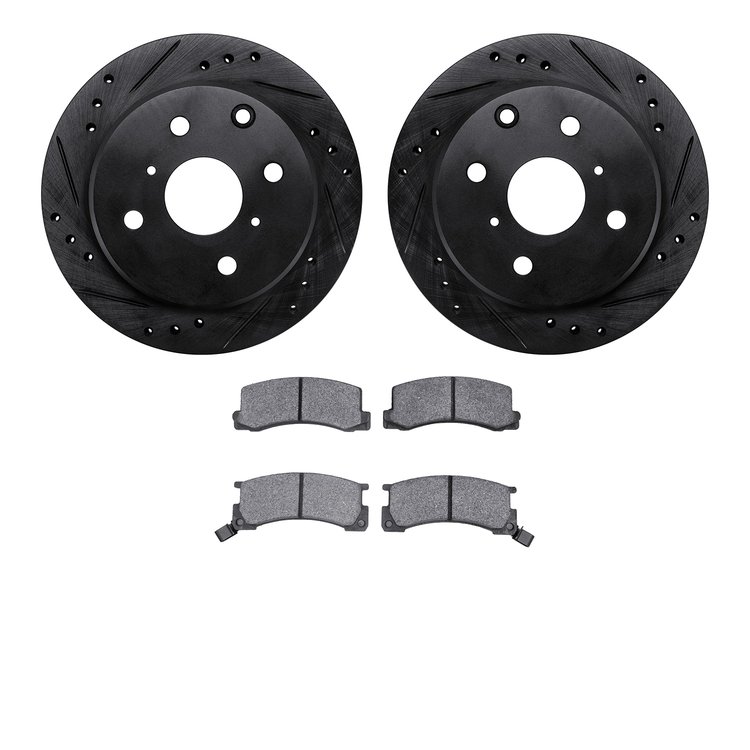 8502-76168 Drilled/Slotted Brake Rotors w/5000 Advanced Brake Pads Kit [Black], 1982-1985 Lexus/Toyota/Scion, Position: Rear
