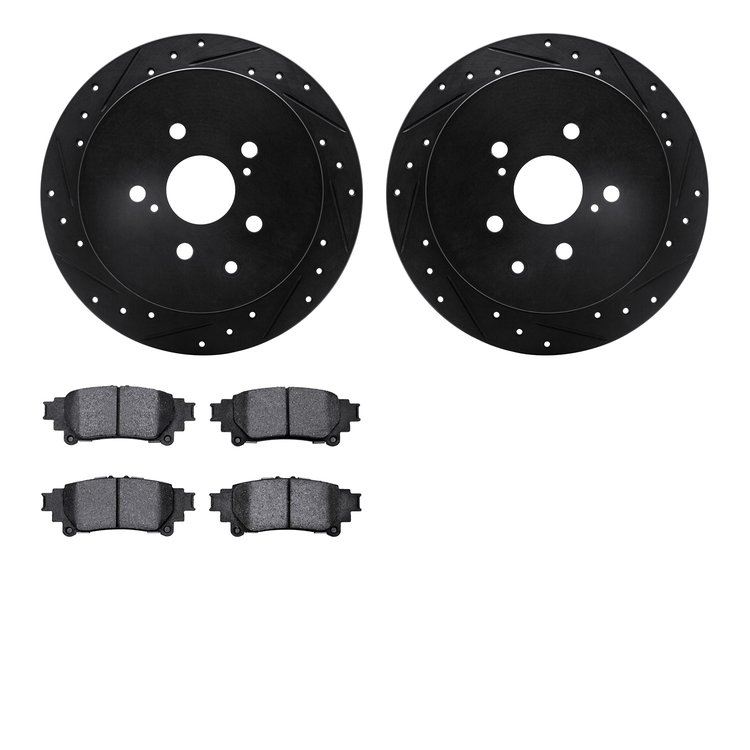 8502-76173 Drilled/Slotted Brake Rotors w/5000 Advanced Brake Pads Kit [Black], 2010-2020 Lexus/Toyota/Scion, Position: Rear