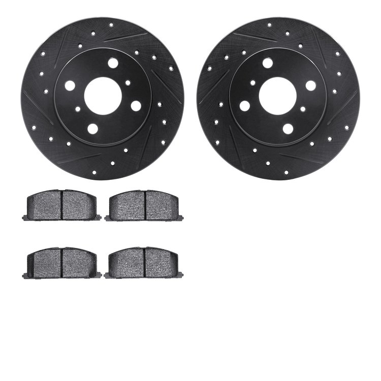 8502-76179 Drilled/Slotted Brake Rotors w/5000 Advanced Brake Pads Kit [Black], 1983-1990 Lexus/Toyota/Scion, Position: Front