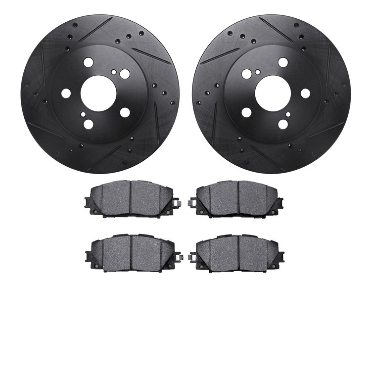 8502-76180 Drilled/Slotted Brake Rotors w/5000 Advanced Brake Pads Kit [Black], Fits Select Lexus/Toyota/Scion, Position: Front