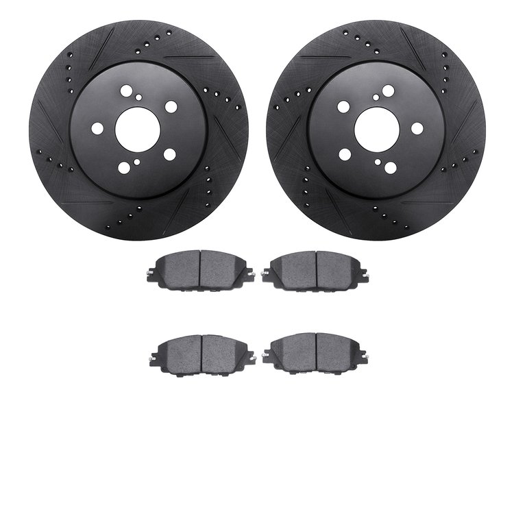 8502-76182 Drilled/Slotted Brake Rotors w/5000 Advanced Brake Pads Kit [Black], Fits Select Lexus/Toyota/Scion, Position: Front