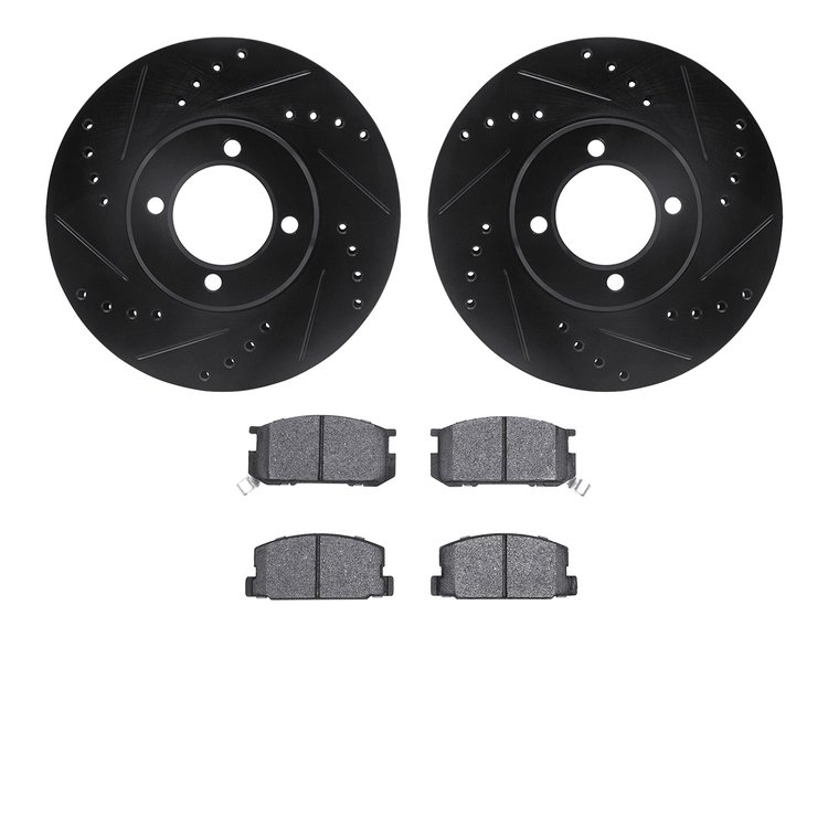8502-76191 Drilled/Slotted Brake Rotors w/5000 Advanced Brake Pads Kit [Black], 1984-1987 Lexus/Toyota/Scion, Position: Front