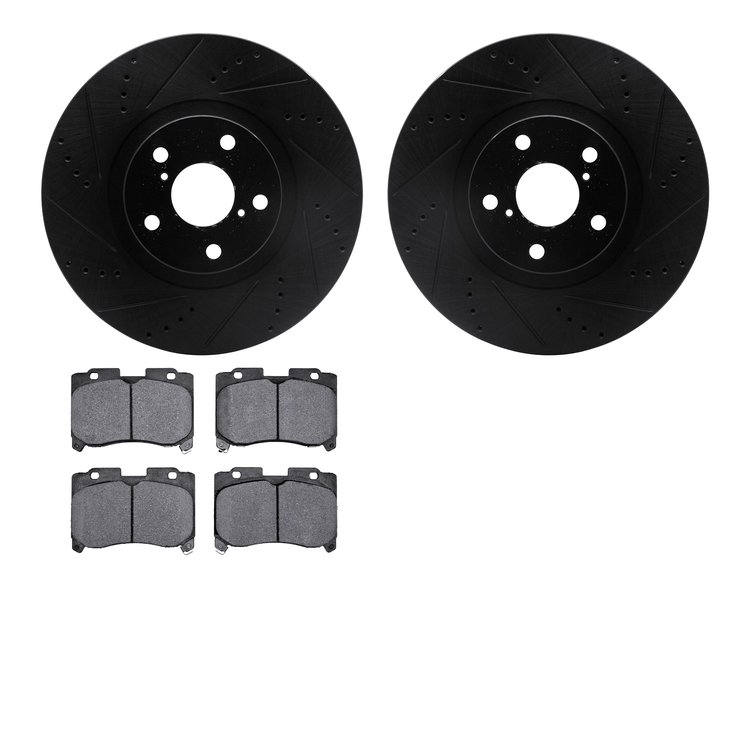 8502-76380 Drilled/Slotted Brake Rotors w/5000 Advanced Brake Pads Kit [Black], 1993-1998 Lexus/Toyota/Scion, Position: Front