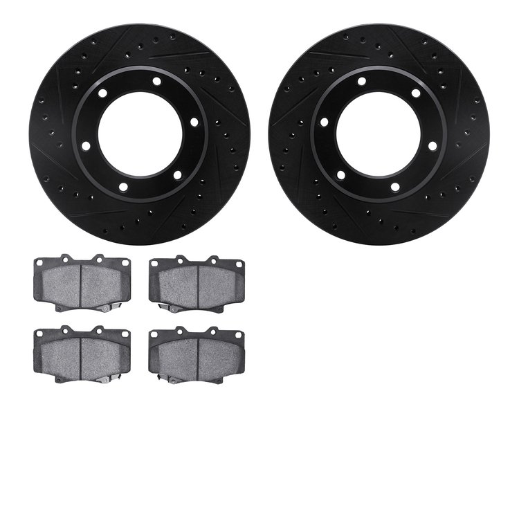 8502-76412 Drilled/Slotted Brake Rotors w/5000 Advanced Brake Pads Kit [Black], 1990-1992 Lexus/Toyota/Scion, Position: Front