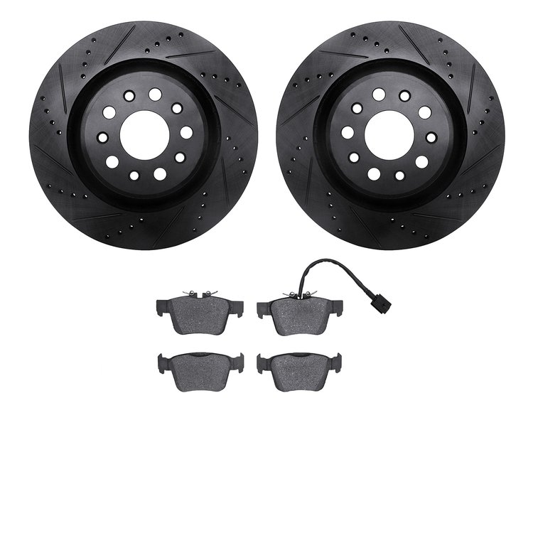 8502-79003 Drilled/Slotted Brake Rotors w/5000 Advanced Brake Pads Kit [Black], Fits Select Maserati, Position: Rear