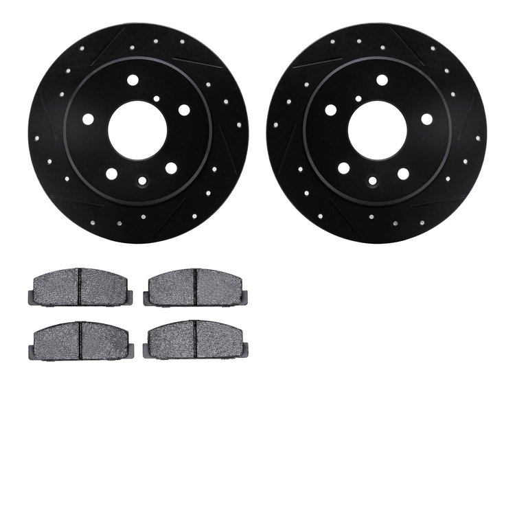 8502-80011 Drilled/Slotted Brake Rotors w/5000 Advanced Brake Pads Kit [Black], 1989-1991 Ford/Lincoln/Mercury/Mazda, Position: 