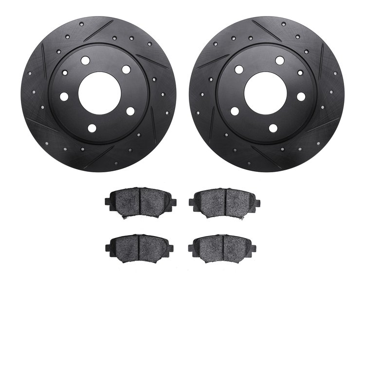 8502-80037 Drilled/Slotted Brake Rotors w/5000 Advanced Brake Pads Kit [Black], 2014-2016 Ford/Lincoln/Mercury/Mazda, Position: 