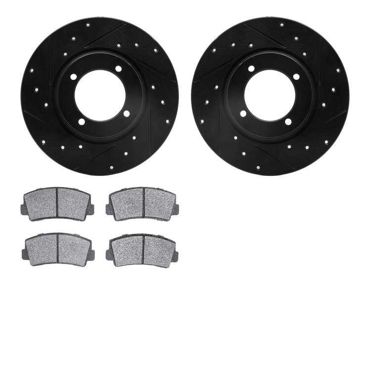 8502-80043 Drilled/Slotted Brake Rotors w/5000 Advanced Brake Pads Kit [Black], 1974-1984 Ford/Lincoln/Mercury/Mazda, Position: 