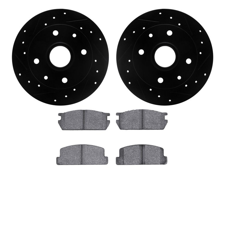 8502-80049 Drilled/Slotted Brake Rotors w/5000 Advanced Brake Pads Kit [Black], 1981-1985 Ford/Lincoln/Mercury/Mazda, Position: 