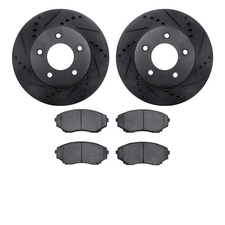 8502-80050 Drilled/Slotted Brake Rotors w/5000 Advanced Brake Pads Kit [Black], 1996-1998 Ford/Lincoln/Mercury/Mazda, Position: 