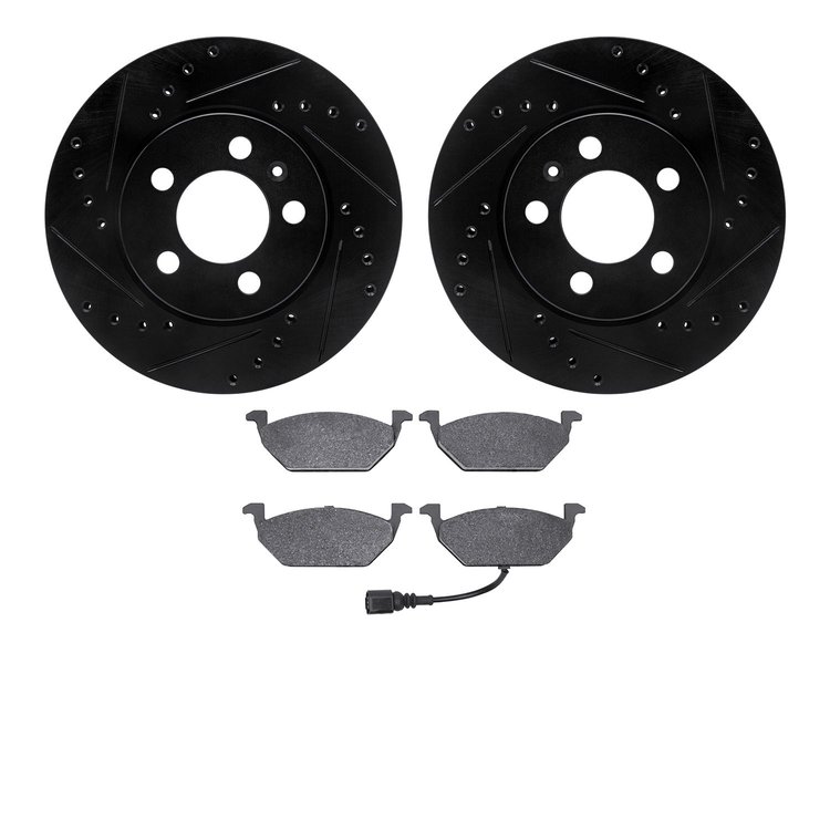 8502-92003 Drilled/Slotted Brake Rotors w/5000 Advanced Brake Pads Kit [Black], 2003-2017 Audi/Volkswagen, Position: Front