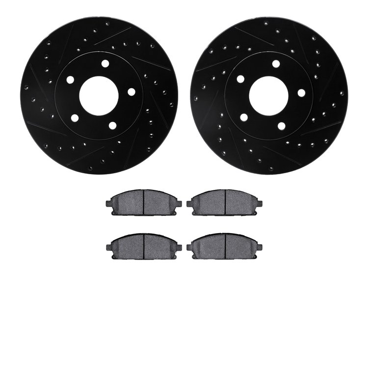 8502-92010 Drilled/Slotted Brake Rotors w/5000 Advanced Brake Pads Kit [Black], 2002-2007 Infiniti/Nissan, Position: Front