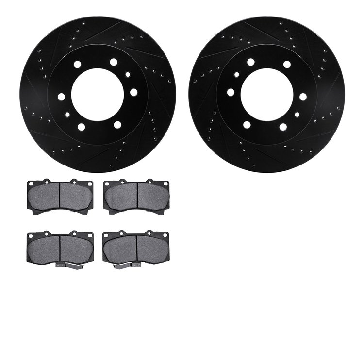 8502-93001 Drilled/Slotted Brake Rotors w/5000 Advanced Brake Pads Kit [Black], 2006-2010 GM, Position: Front