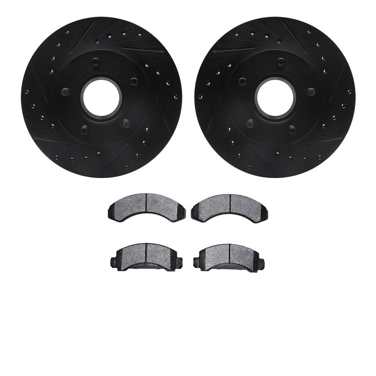 8502-99016 Drilled/Slotted Brake Rotors w/5000 Advanced Brake Pads Kit [Black], 1983-1992 Ford/Lincoln/Mercury/Mazda, Position: 