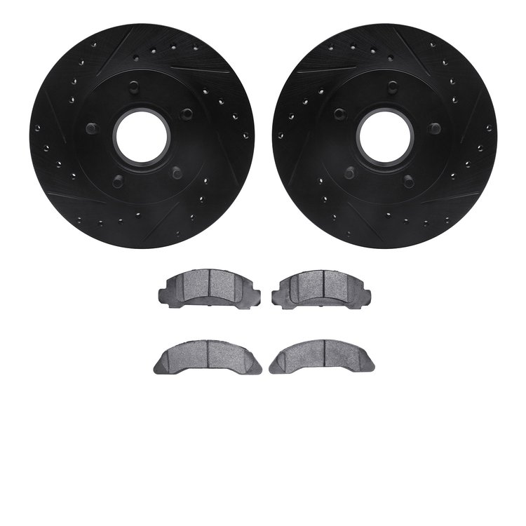 8502-99022 Drilled/Slotted Brake Rotors w/5000 Advanced Brake Pads Kit [Black], 1986-1987 Ford/Lincoln/Mercury/Mazda, Position: 