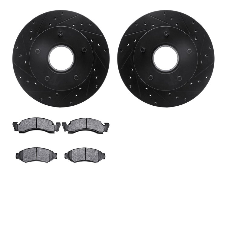 8502-99275 Drilled/Slotted Brake Rotors w/5000 Advanced Brake Pads Kit [Black], 1986-1988 Ford/Lincoln/Mercury/Mazda, Position: 