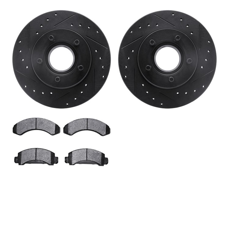 8502-99287 Drilled/Slotted Brake Rotors w/5000 Advanced Brake Pads Kit [Black], 1990-1994 Ford/Lincoln/Mercury/Mazda, Position: 