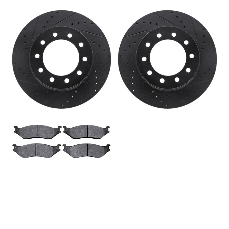 8502-99573 Drilled/Slotted Brake Rotors w/5000 Advanced Brake Pads Kit [Black], 2005-2016 Ford/Lincoln/Mercury/Mazda, Position: 