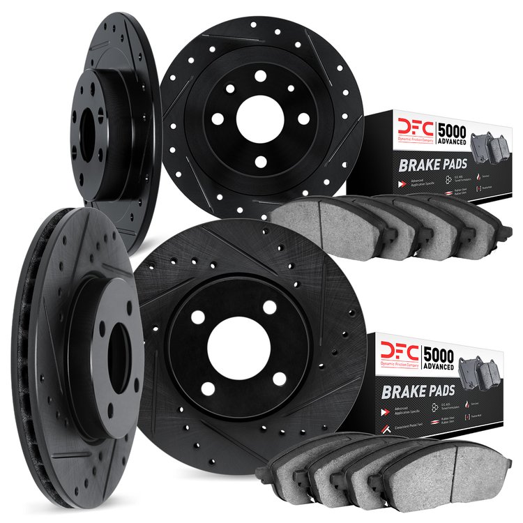8504-03059 Drilled/Slotted Brake Rotors w/5000 Advanced Brake Pads Kit [Black], 2012-2017 Kia/Hyundai/Genesis, Position: Front a