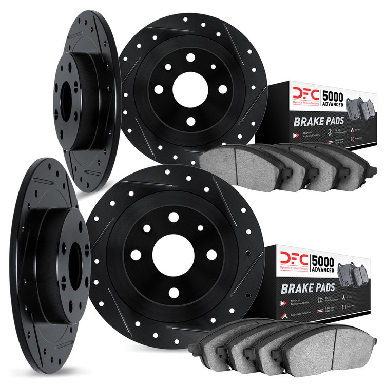 8504-07002 Drilled/Slotted Brake Rotors w/5000 Advanced Brake Pads Kit [Black], 1966-1967 Mopar, Position: Front and Rear