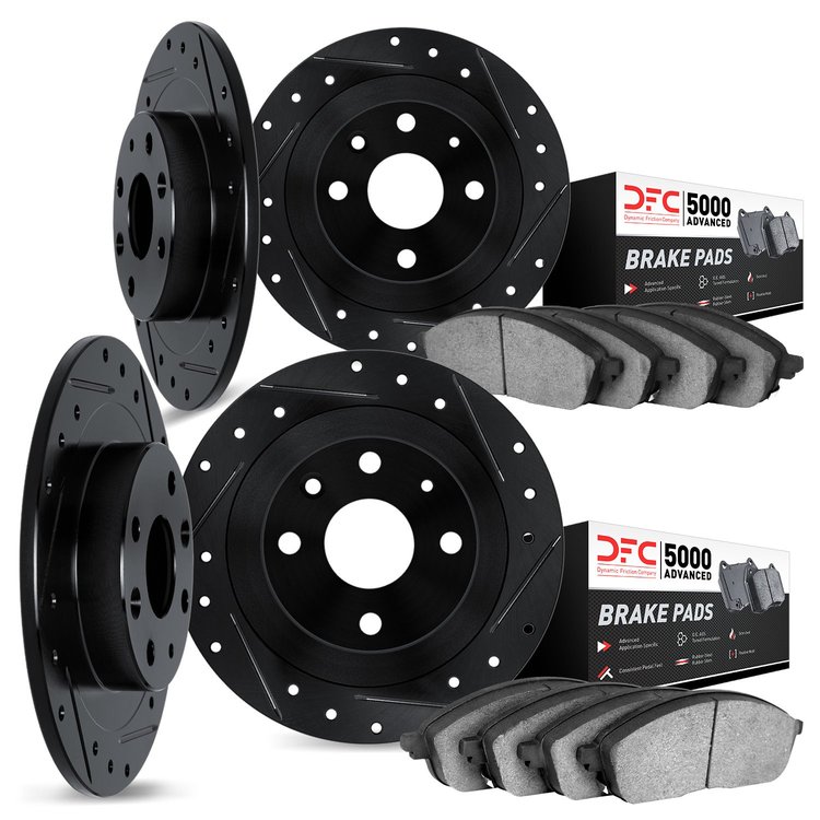 8504-07010 Drilled/Slotted Brake Rotors w/5000 Advanced Brake Pads Kit [Black], 1968-1988 Multiple Makes/Models, Position: Front