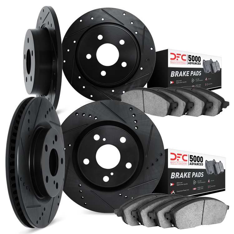 8504-20002 Drilled/Slotted Brake Rotors w/5000 Advanced Brake Pads Kit [Black], 1987-1987 Jaguar, Position: Front and Rear
