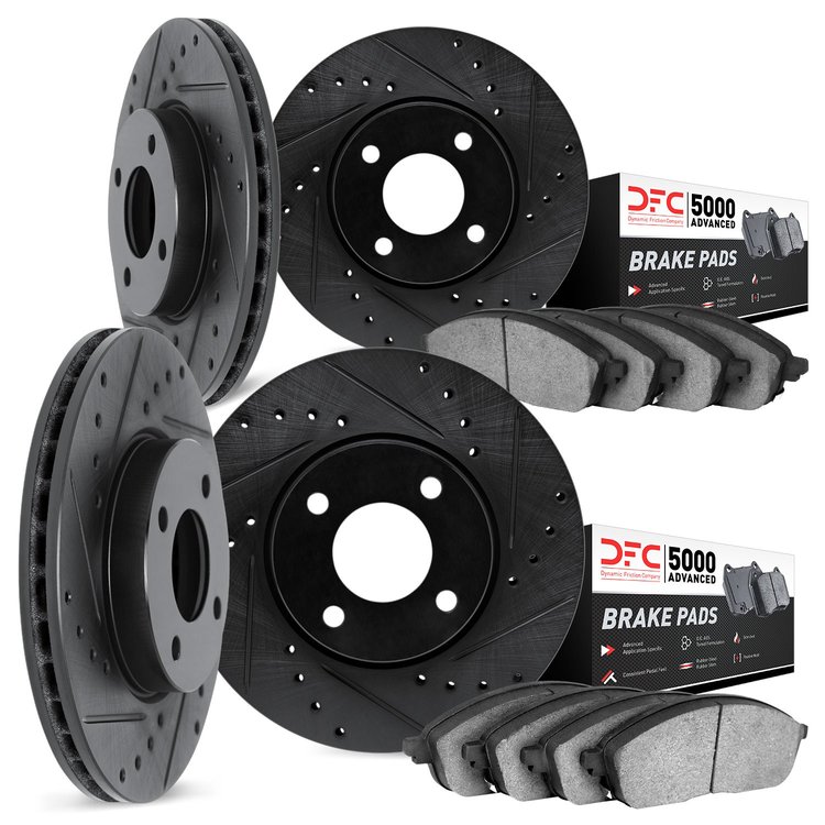 8504-37004 Drilled/Slotted Brake Rotors w/5000 Advanced Brake Pads Kit [Black], 1983-1990 GM, Position: Front and Rear