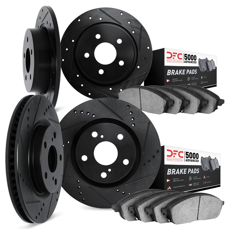 8504-40218 Drilled/Slotted Brake Rotors w/5000 Advanced Brake Pads Kit [Black], 1989-1991 Mopar, Position: Front and Rear