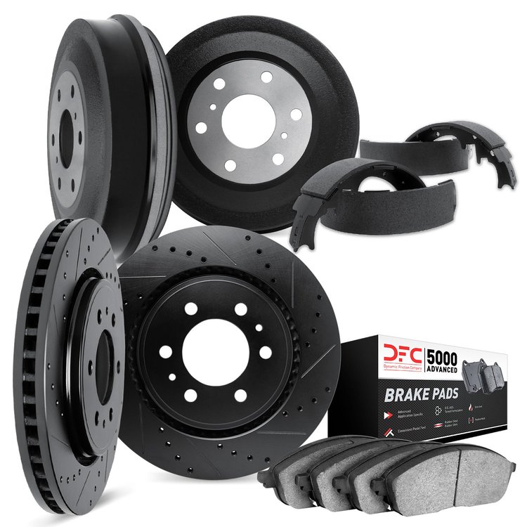 8504-47227 Drilled/Slotted Brake Rotors w/5000 Advanced Brake Pads/Drums & Shoes Kit [Black], 1992-2000 GM, Position: Front and 