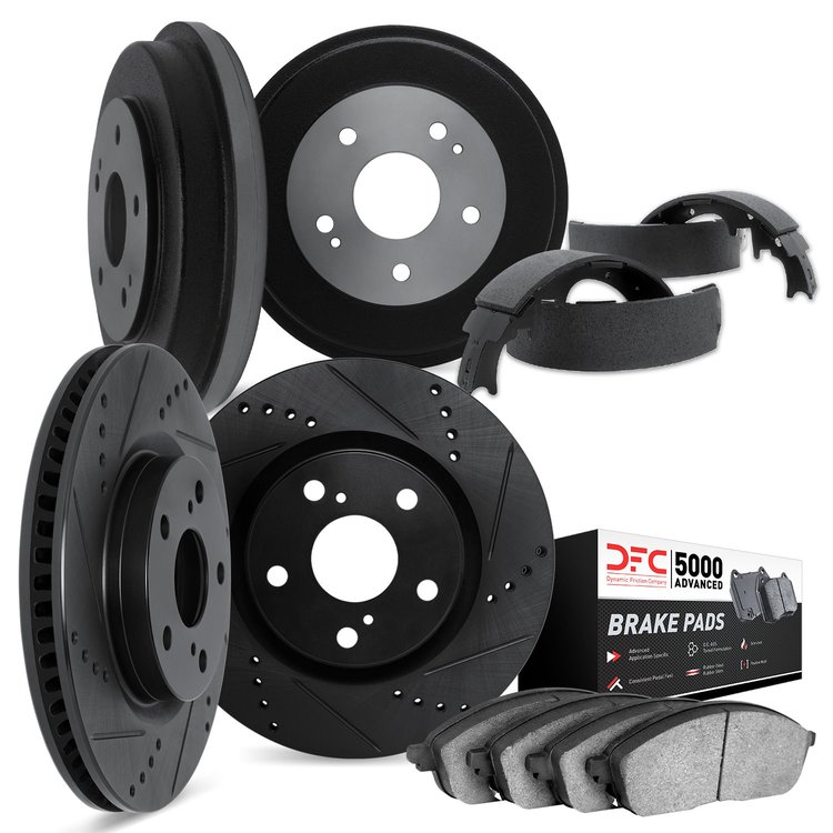 8504-52001 Drilled/Slotted Brake Rotors w/5000 Advanced Brake Pads/Drums & Shoes Kit [Black], 2003-2008 Multiple Makes/Models, P
