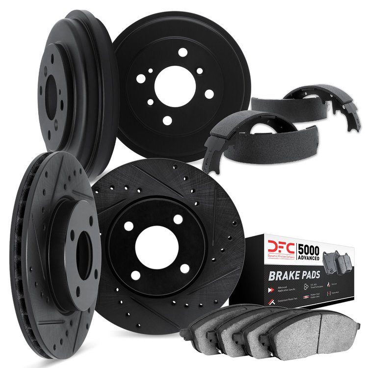 8504-54076 Drilled/Slotted Brake Rotors w/5000 Advanced Brake Pads/Drums & Shoes Kit [Black], 1998-2002 Ford/Lincoln/Mercury/Maz
