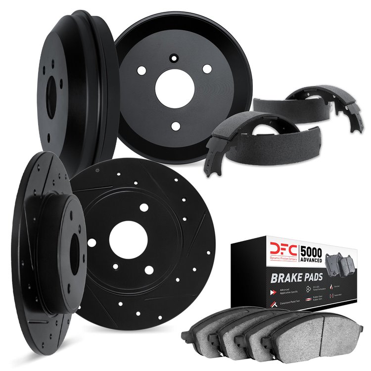 8504-63000 Drilled/Slotted Brake Rotors w/5000 Advanced Brake Pads/Drums & Shoes Kit [Black], 2005-2016 Smart, Position: Front a