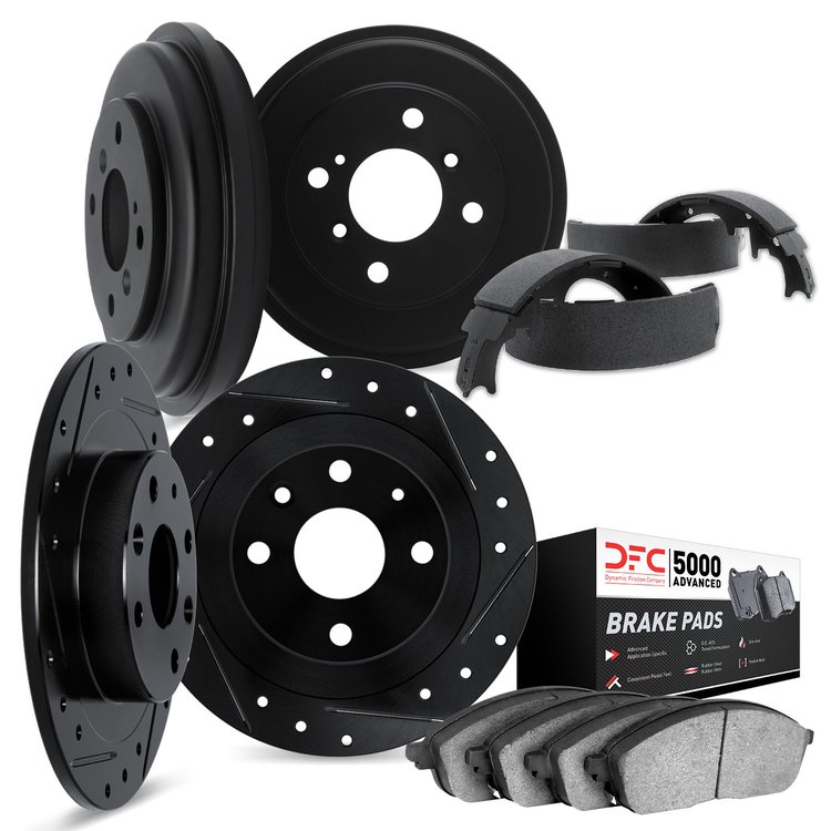 8504-72008 Drilled/Slotted Brake Rotors w/5000 Advanced Brake Pads/Drums & Shoes Kit [Black], 1992-1995 Multiple Makes/Models, P
