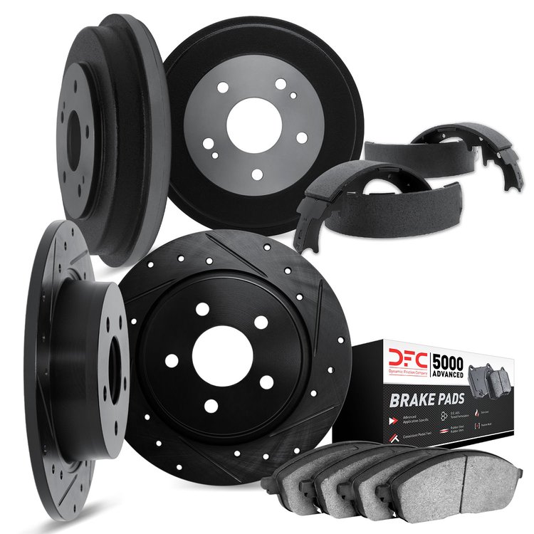 8504-74046 Drilled/Slotted Brake Rotors w/5000 Advanced Brake Pads/Drums & Shoes Kit [Black], 1972-1972 Audi/Volkswagen, Positio